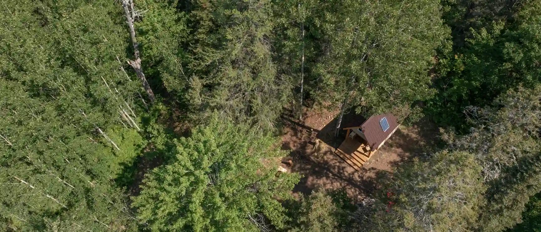 Ariel shot of off-grid cabin at Camp Blaze Retreat.
